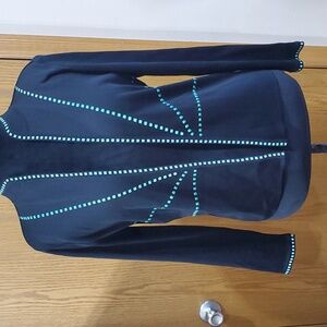 Ming wang open front blazer knit black and turquoise geometric